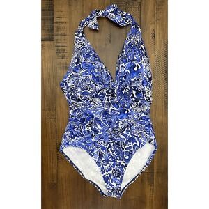 Lauren‎ Ralph Lauren Tropic Floral Halter Print One Piece Swimsuit-Blue White 16